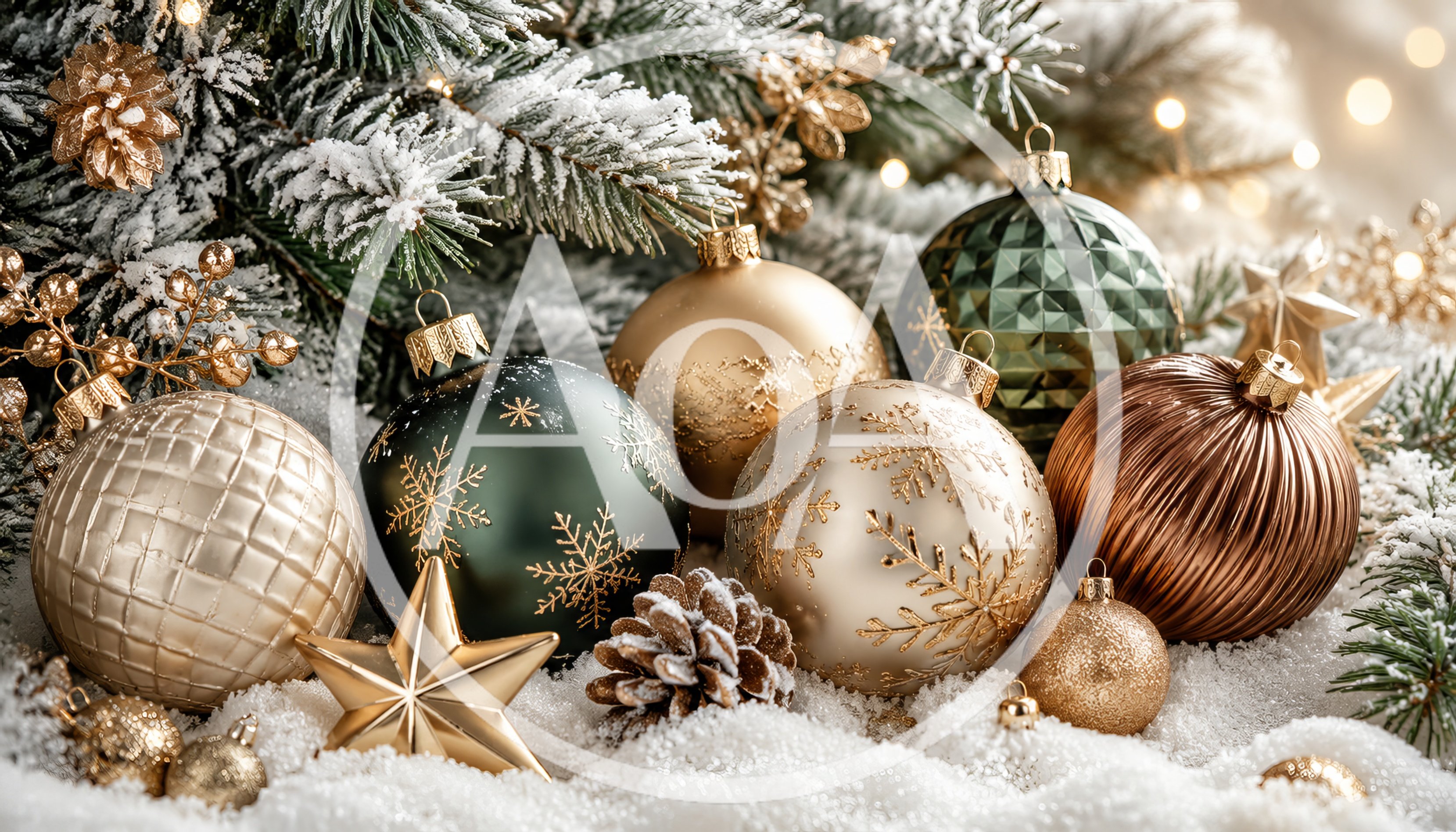 Christmas Ornaments And Pinecones On Snowy Surface