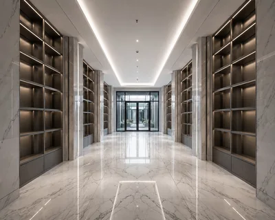 Modern Luxury Hallway With Marble Flooring And Shelving