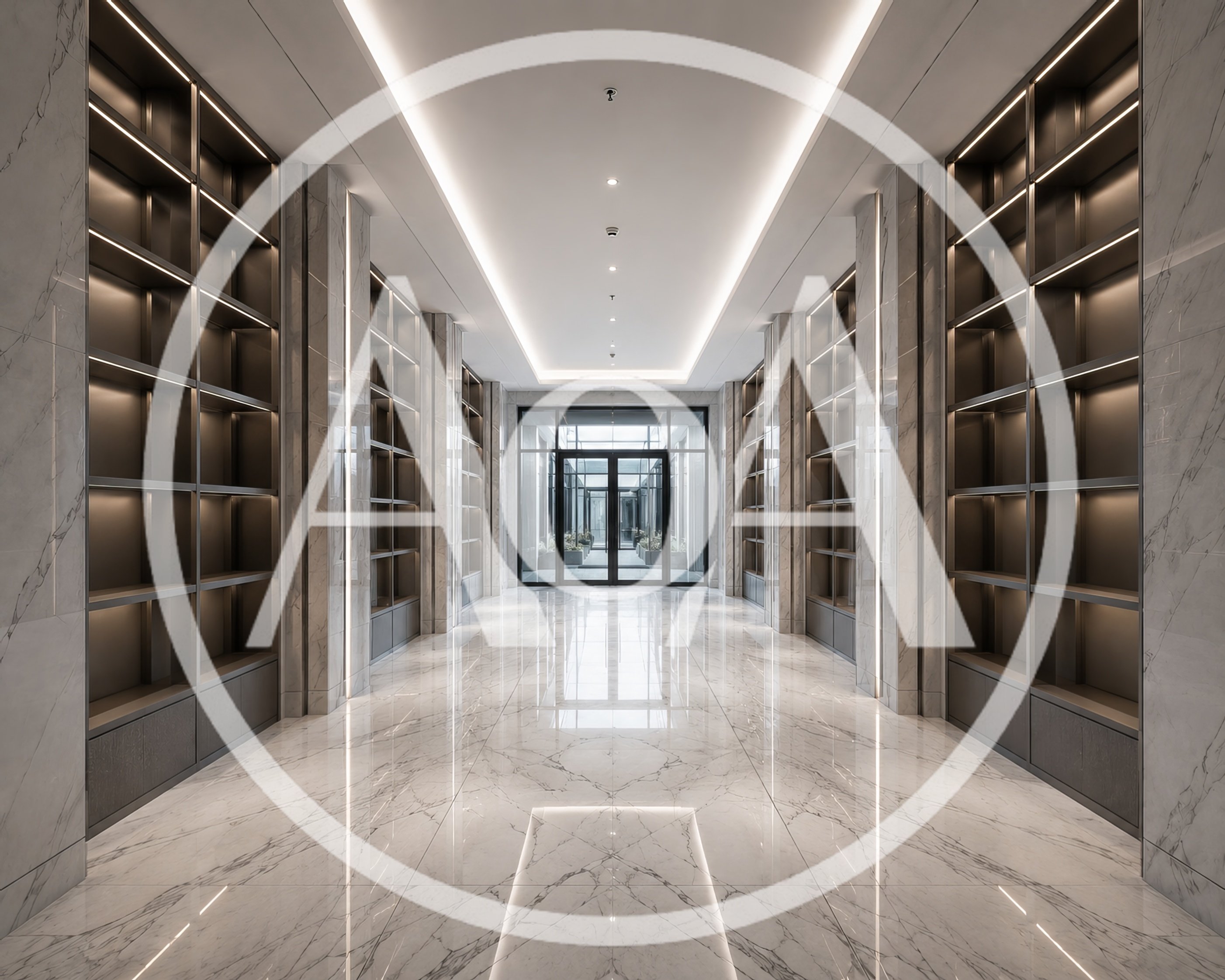 Modern Luxury Hallway With Marble Flooring And Shelving