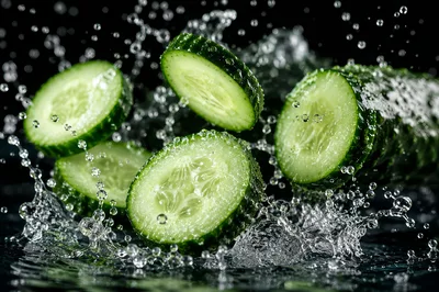 Fresh Cucumber Slices Splashing in Water