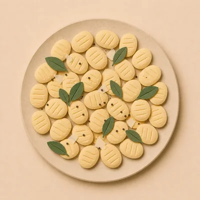 Top View Of Decorative Yellow Oval Cookies On Plate