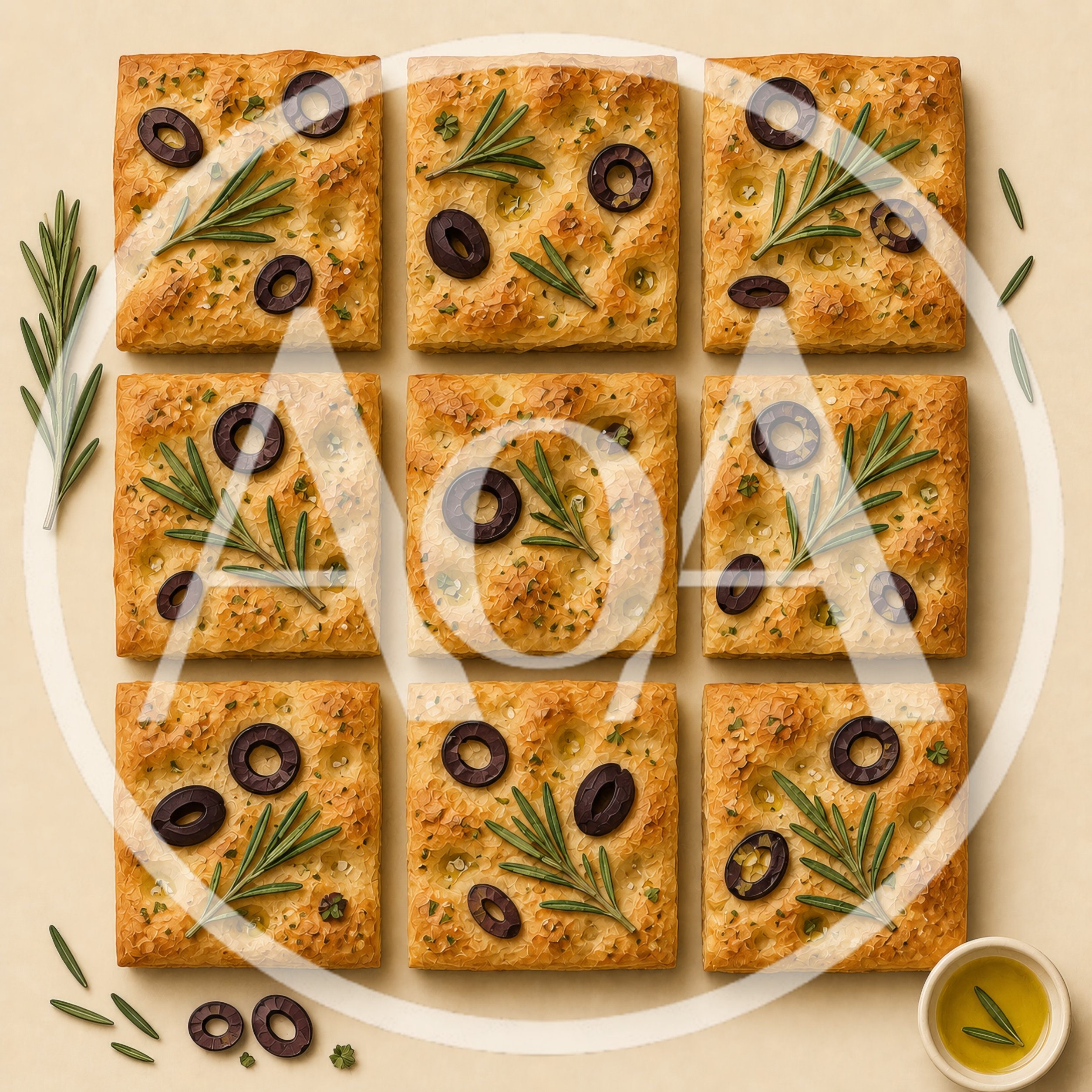 Top View Of Nine Square Focaccia Bread Pieces