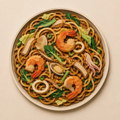 Top Down View Of Seafood Stir Fried Noodles