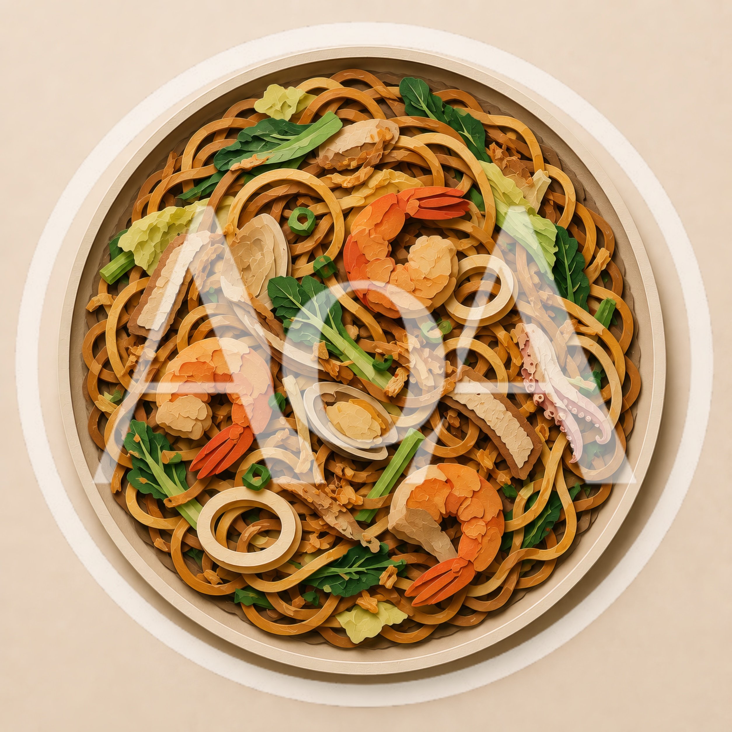 Top Down View Of Seafood Stir Fried Noodles