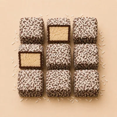 Top View Of Nine Chocolate Coconut Lamington Cakes