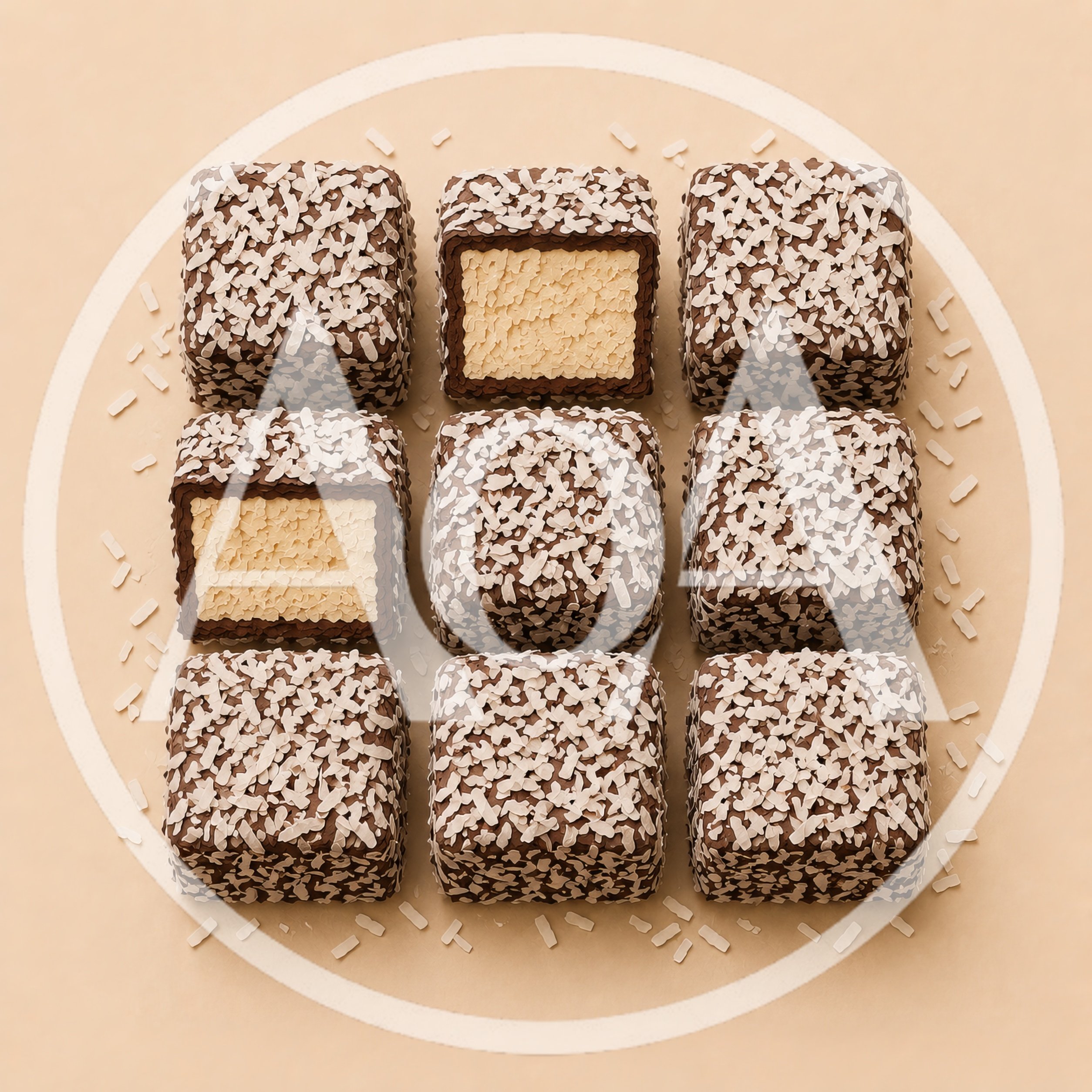 Top View Of Nine Chocolate Coconut Lamington Cakes