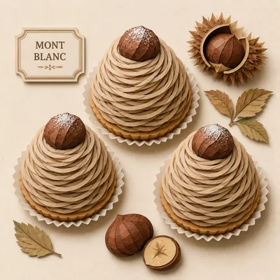 Three Mont Blanc Chestnut Cakes With Decorative Elements