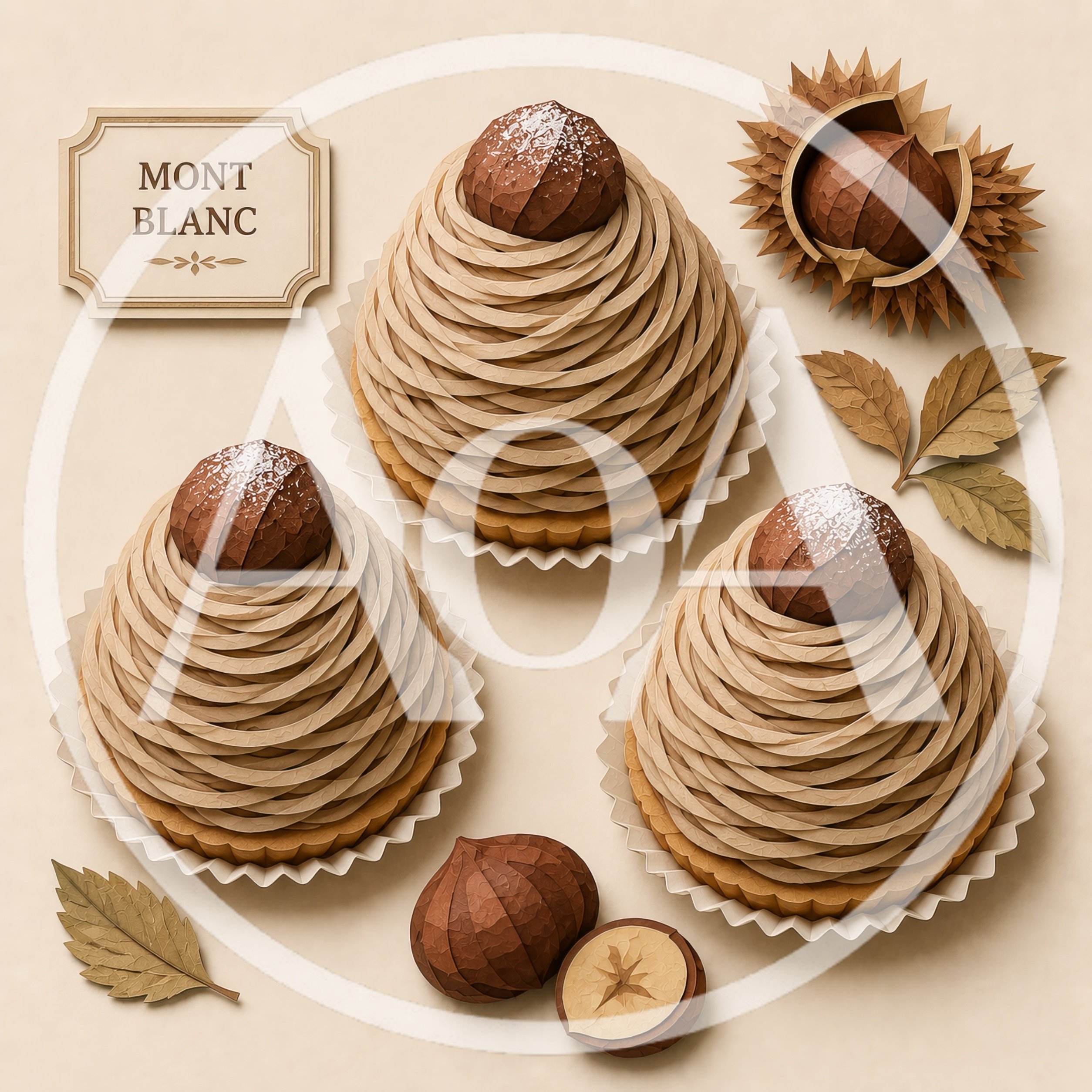 Three Mont Blanc Chestnut Cakes With Decorative Elements