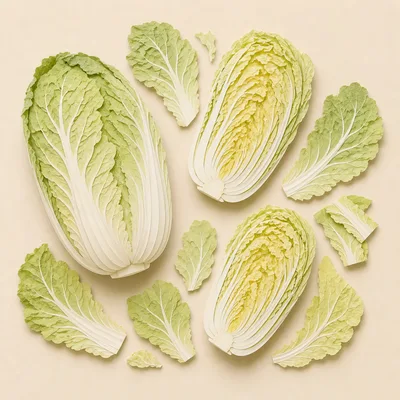Fresh Napa Cabbage Heads and Leaves on Beige Background