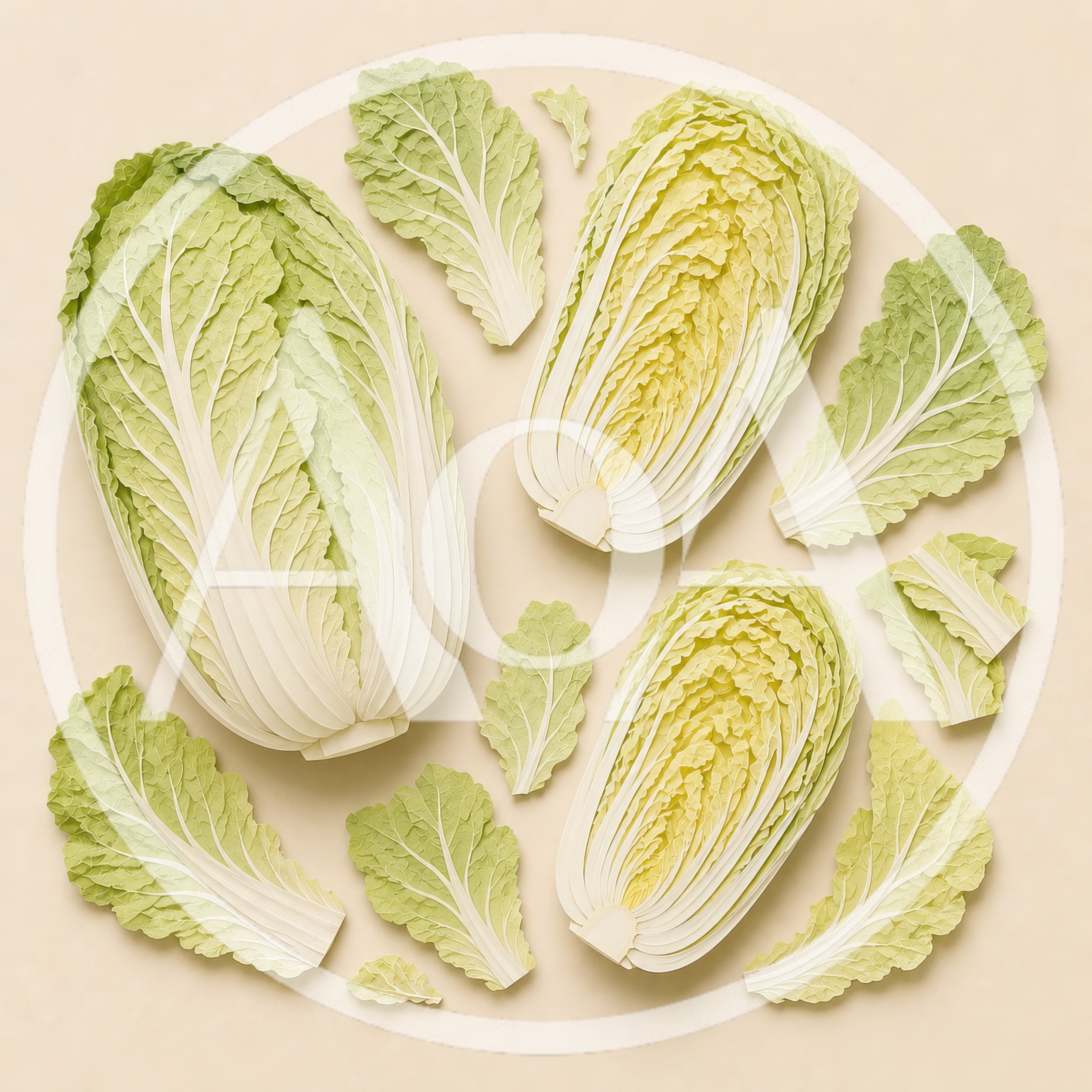 Fresh Napa Cabbage Heads and Leaves on Beige Background