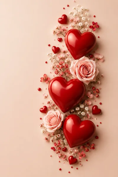 Red Hearts And Pink Roses Floral Composition