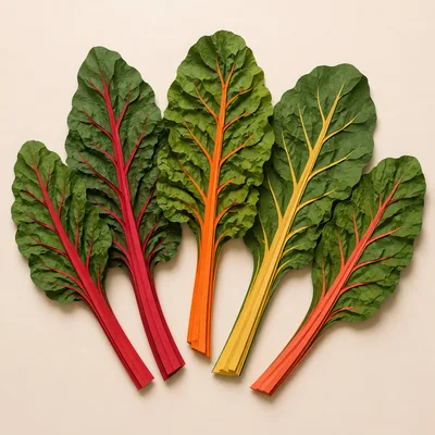 Five Colorful Swiss Chard Leaves On Beige Background