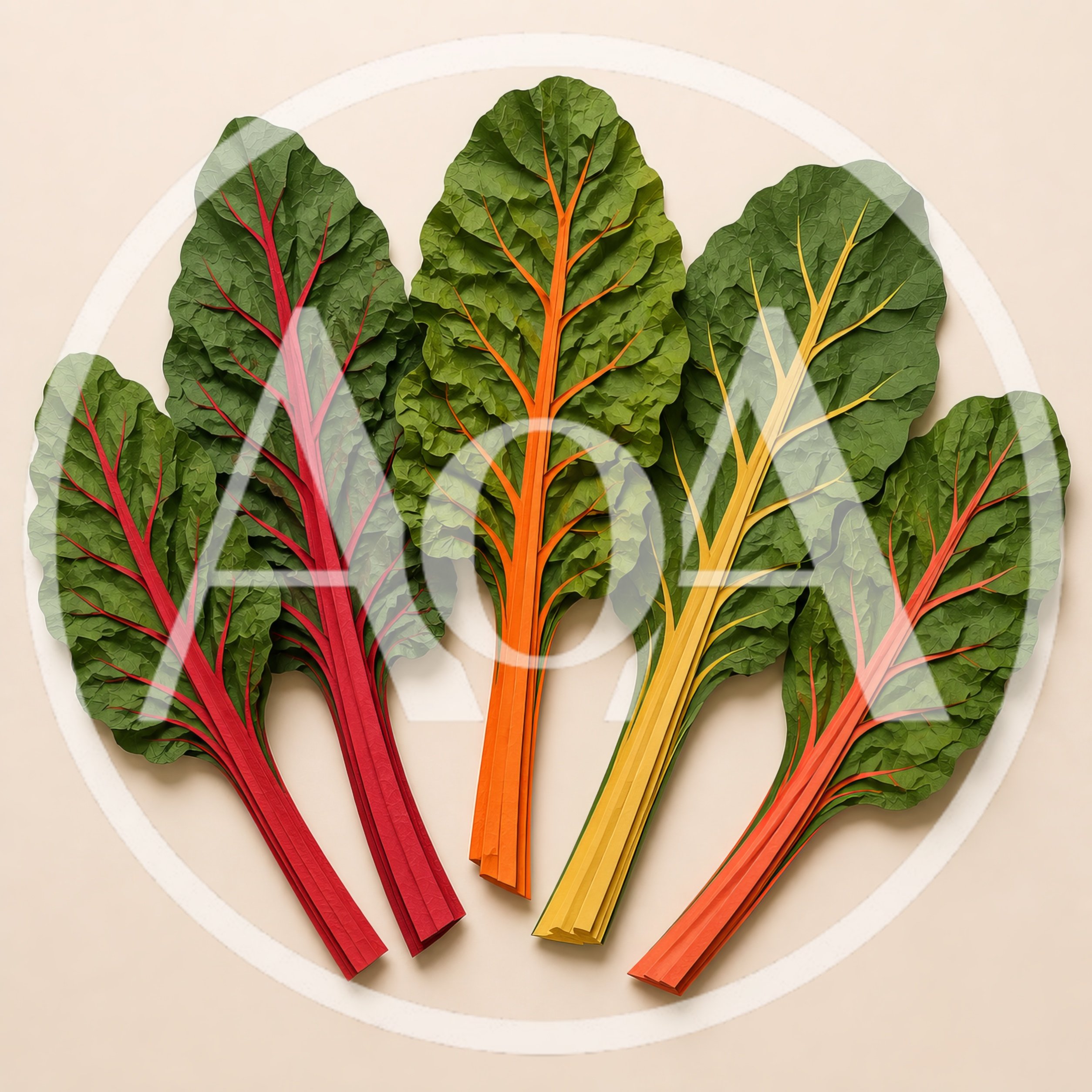 Five Colorful Swiss Chard Leaves On Beige Background