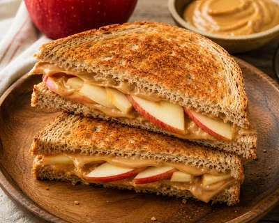 Toasted Peanut Butter And Apple Sandwich On Wooden Plate