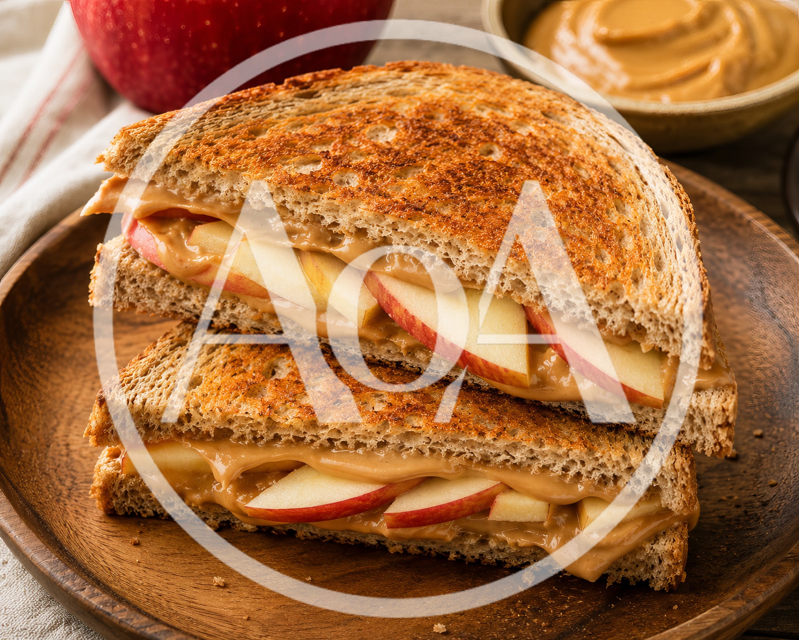 Toasted Peanut Butter And Apple Sandwich On Wooden Plate
