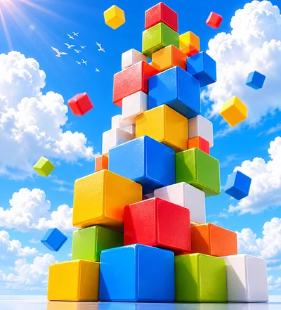Stack of Colorful Toy Cubes Against Blue Sky