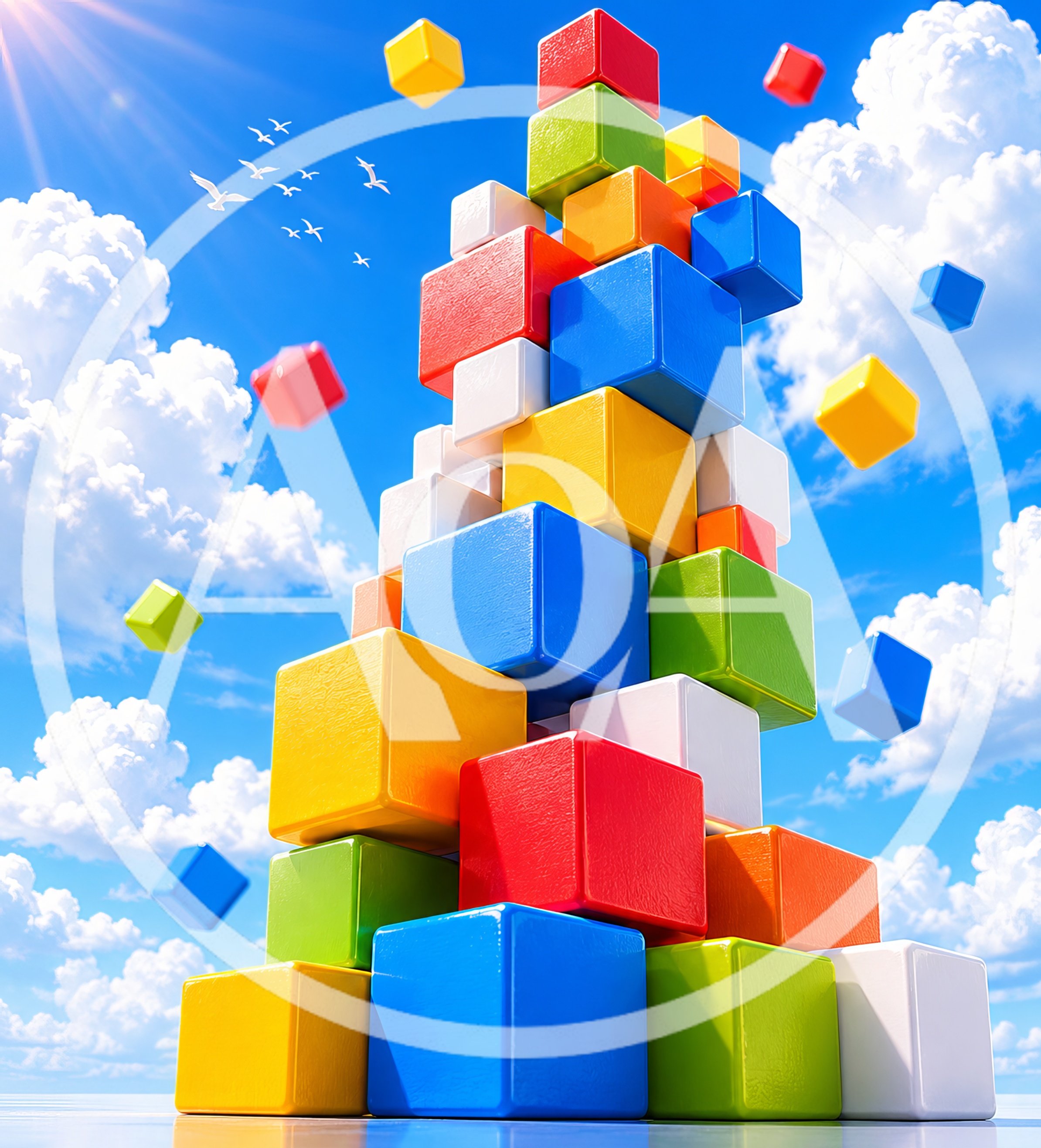 Stack of Colorful Toy Cubes Against Blue Sky