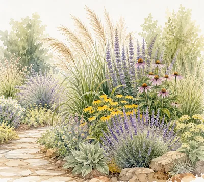 Watercolor Painting Of A Lush Garden Path