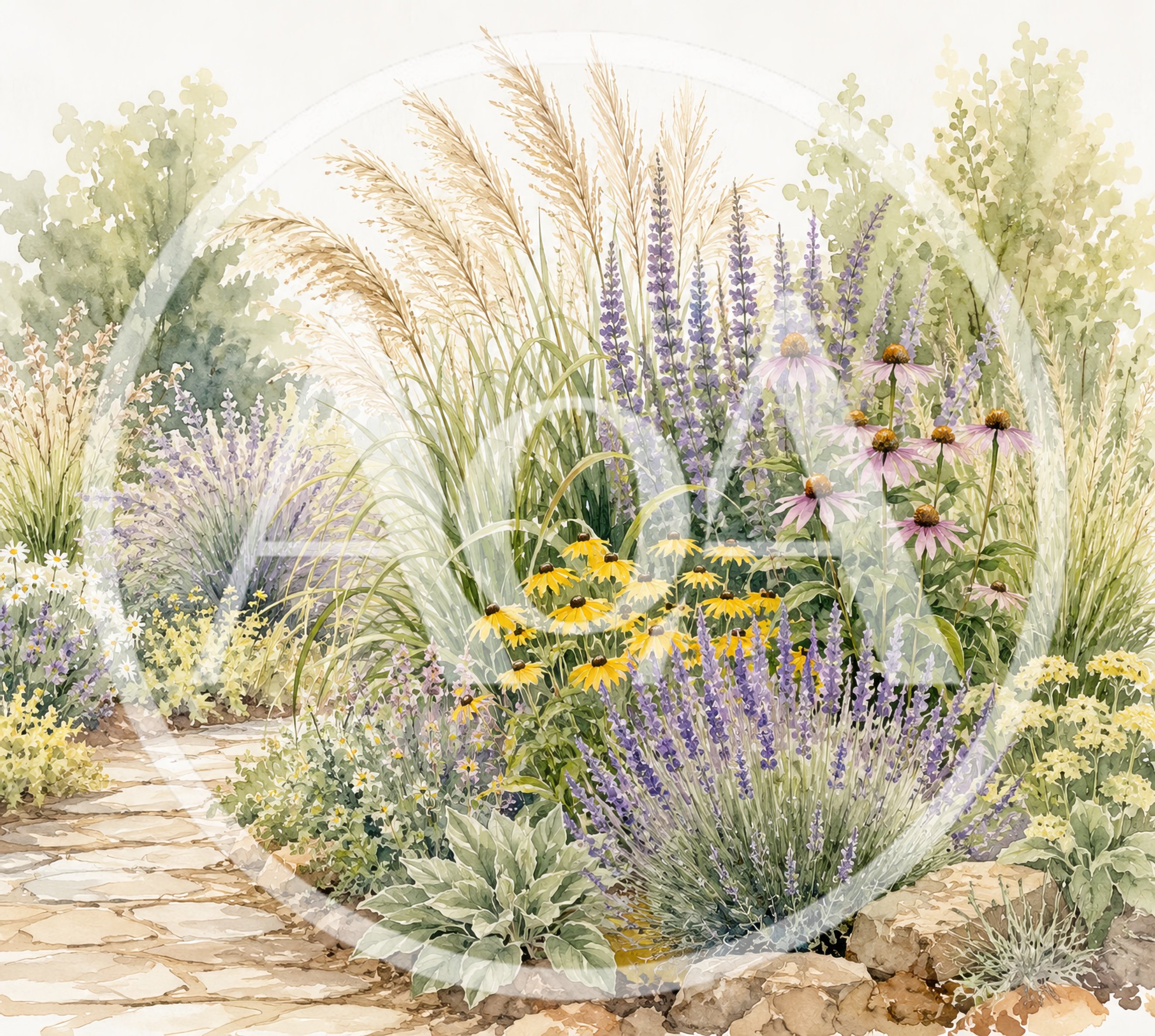 Watercolor Painting Of A Lush Garden Path