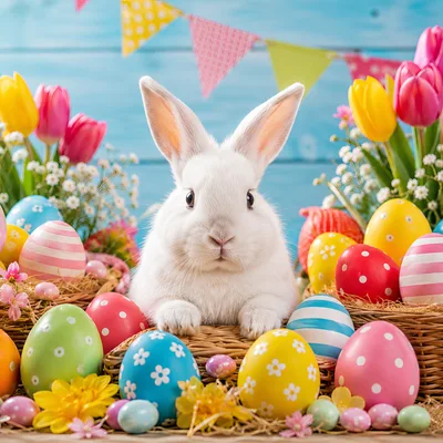 White Easter Bunny Surrounded By Colorful Decorated Eggs
