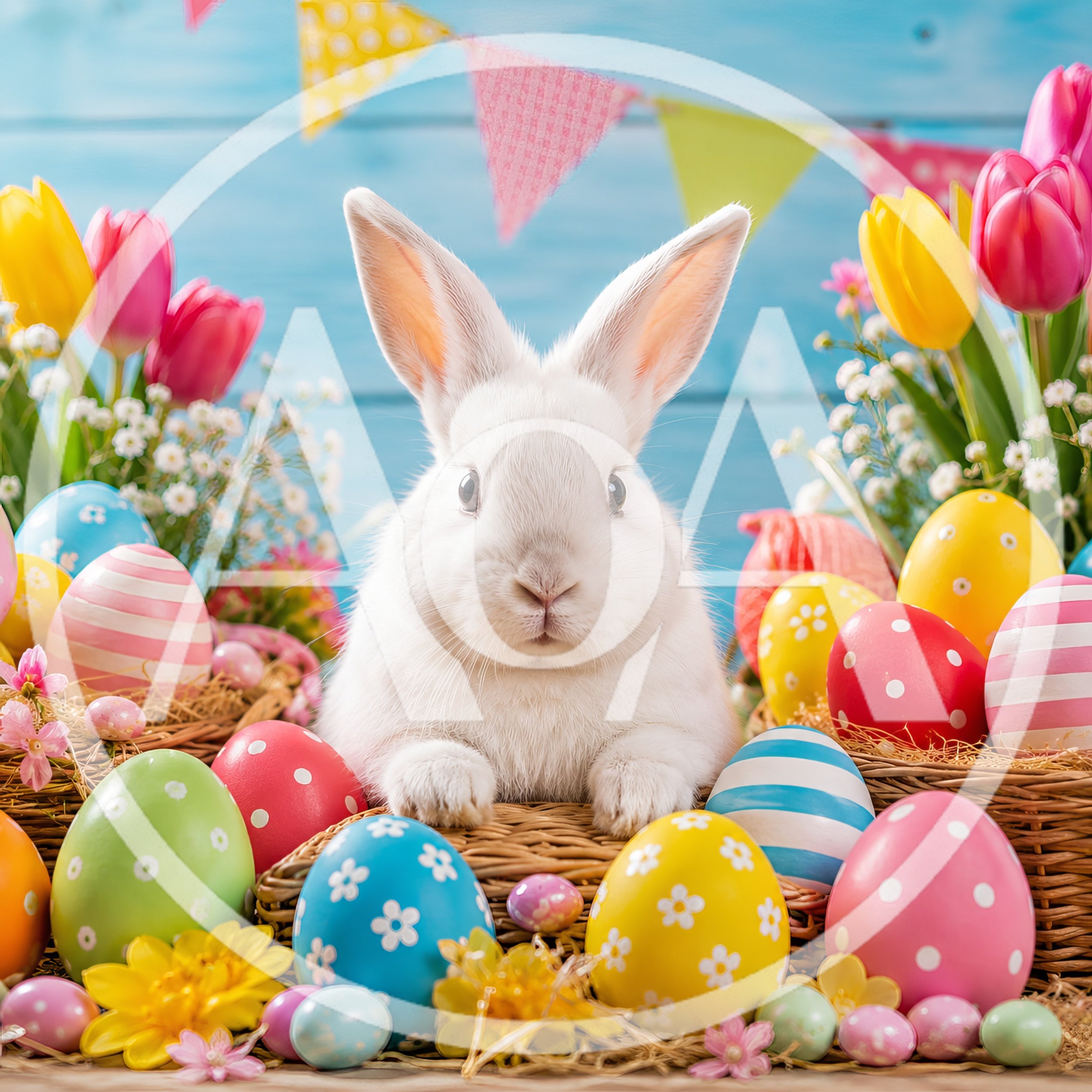 White Easter Bunny Surrounded By Colorful Decorated Eggs