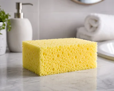 Yellow Cleaning Sponge On A Marble Bathroom Counter