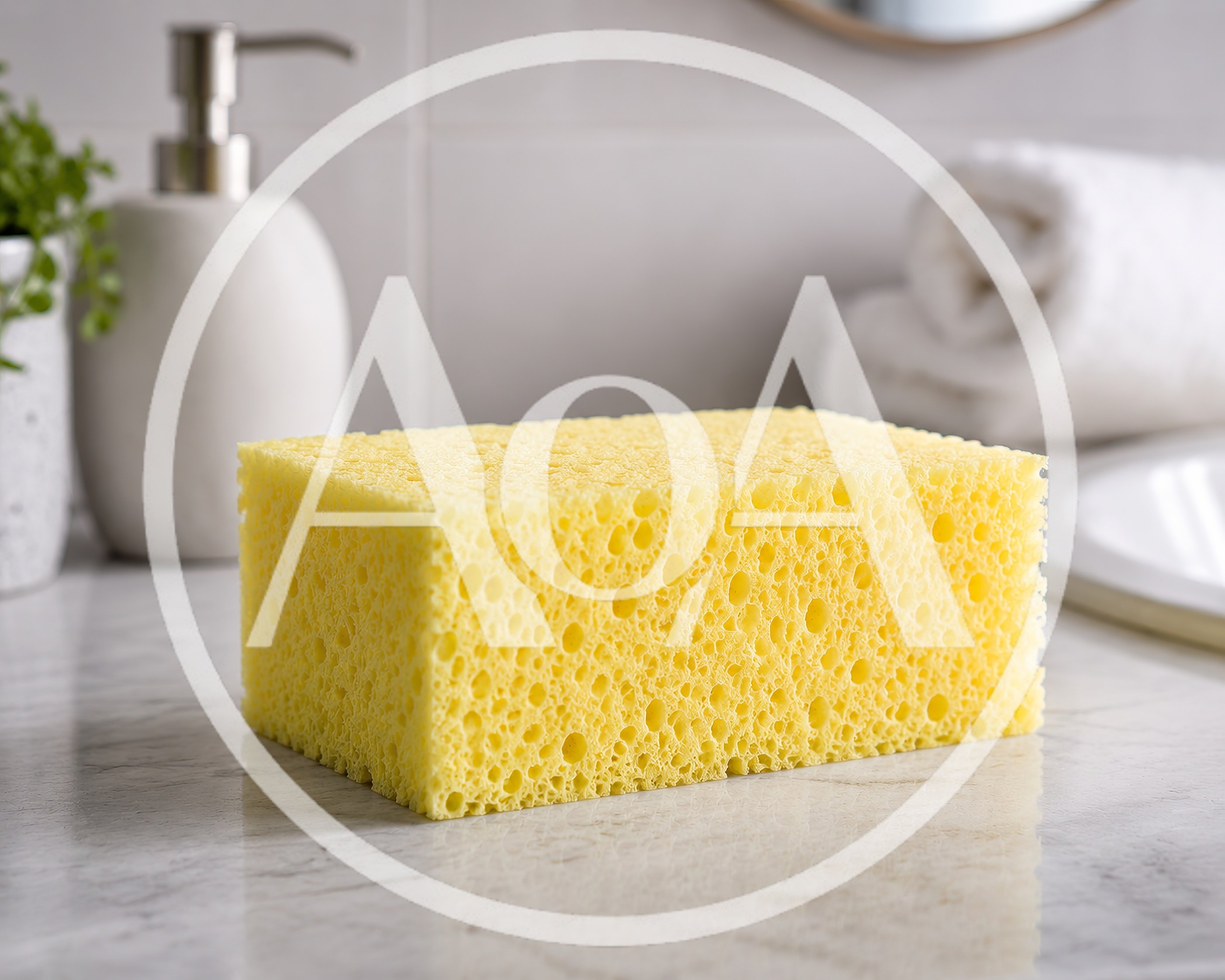 Yellow Cleaning Sponge On A Marble Bathroom Counter