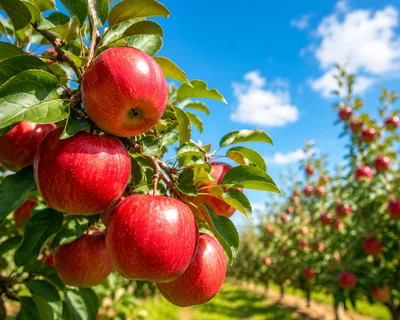 Fresh Red Apples Hanging On Tree In Orchard