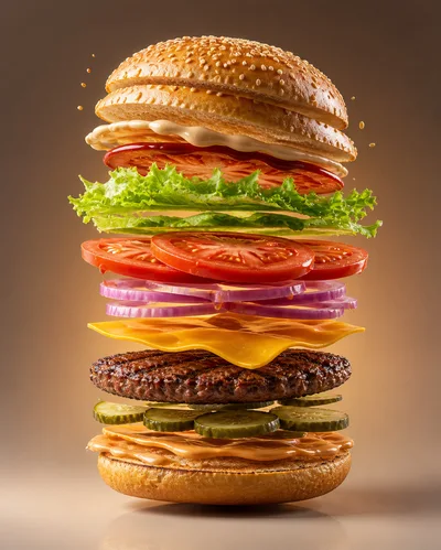 Floating Deconstructed Burger Ingredients On Brown Background