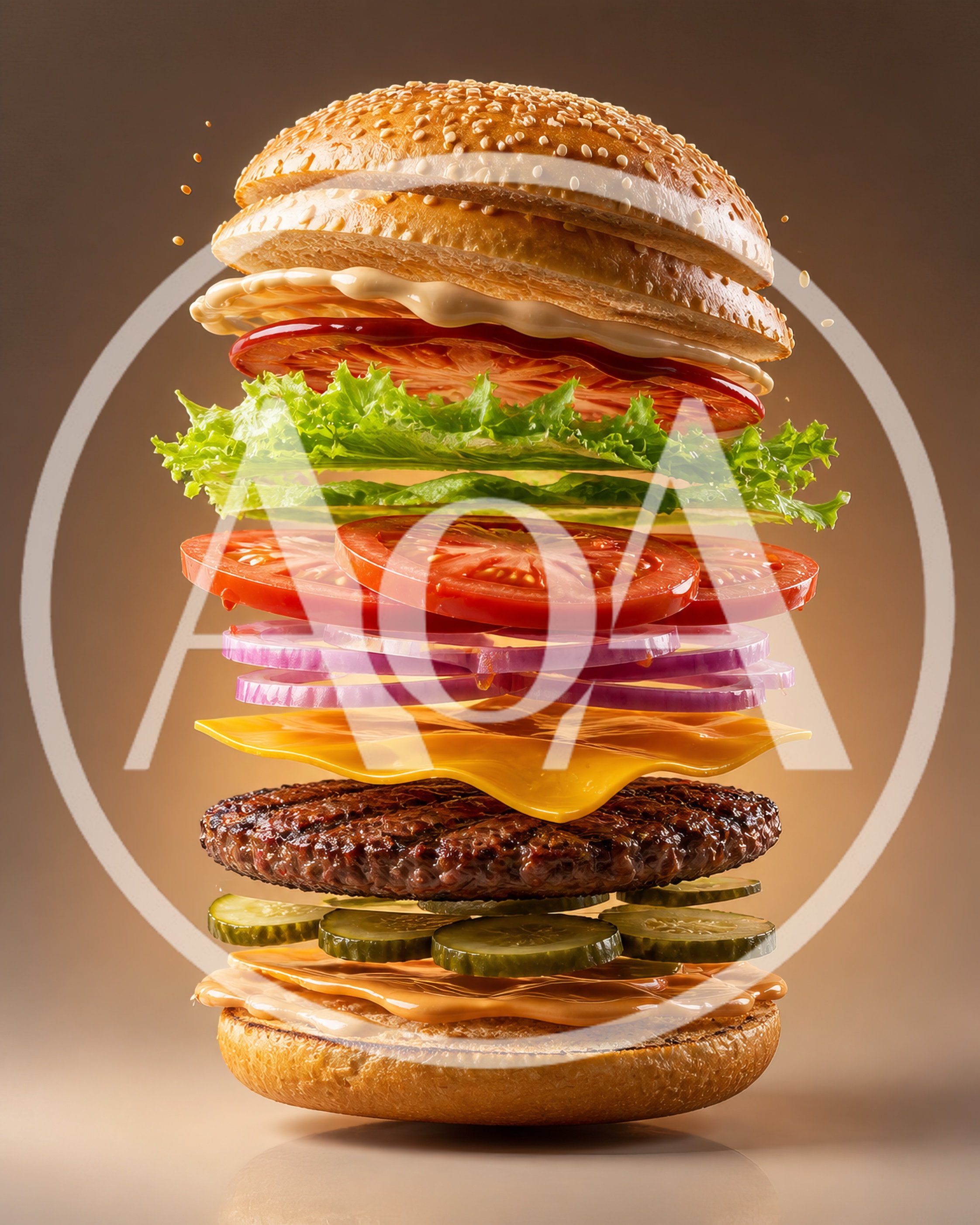 Floating Deconstructed Burger Ingredients On Brown Background