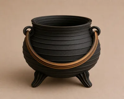 Black Cauldron With Gold Handle On Beige Background