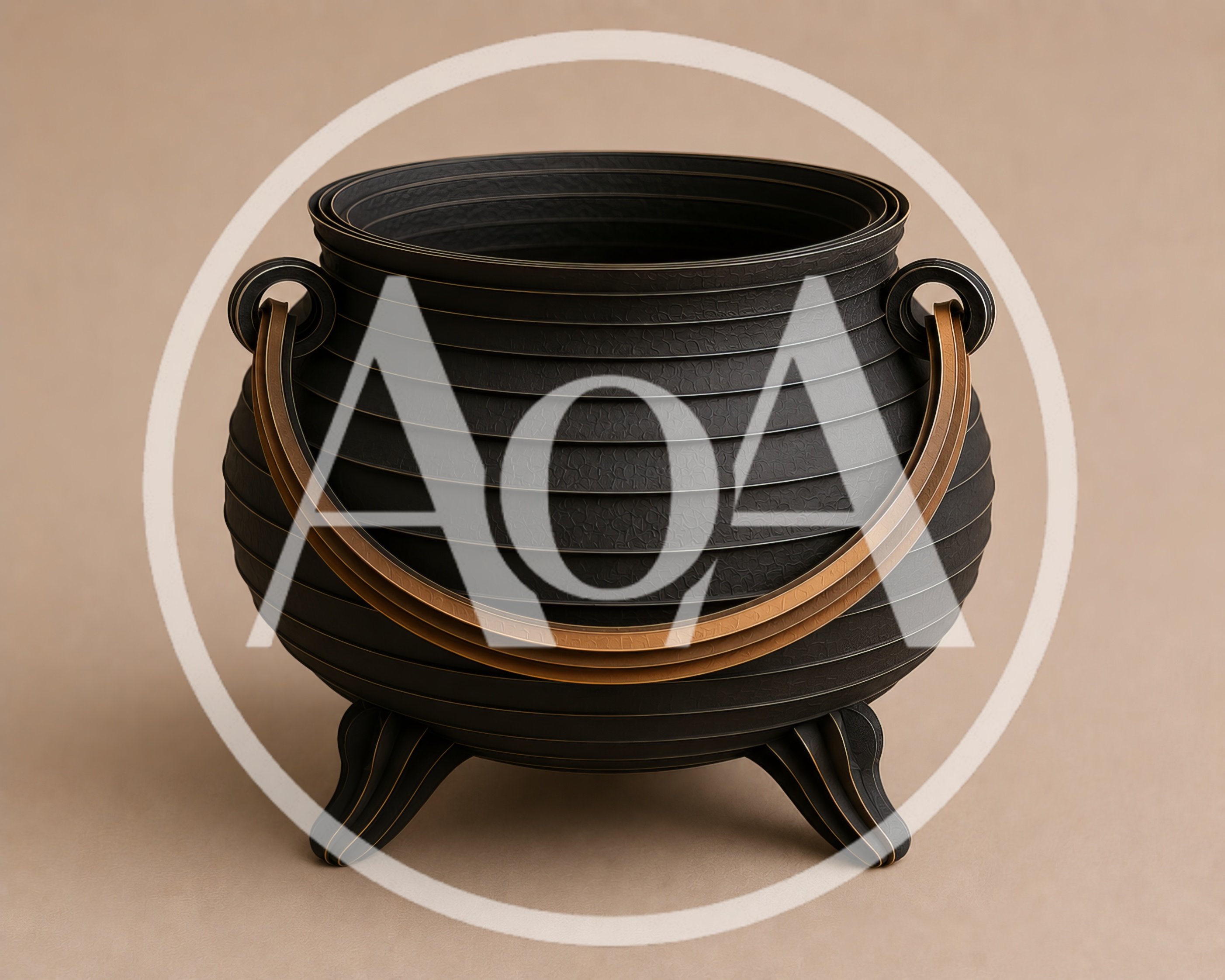 Black Cauldron With Gold Handle On Beige Background