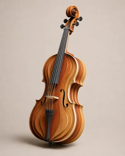 Layered Wooden Violin Sculpture on Neutral Background