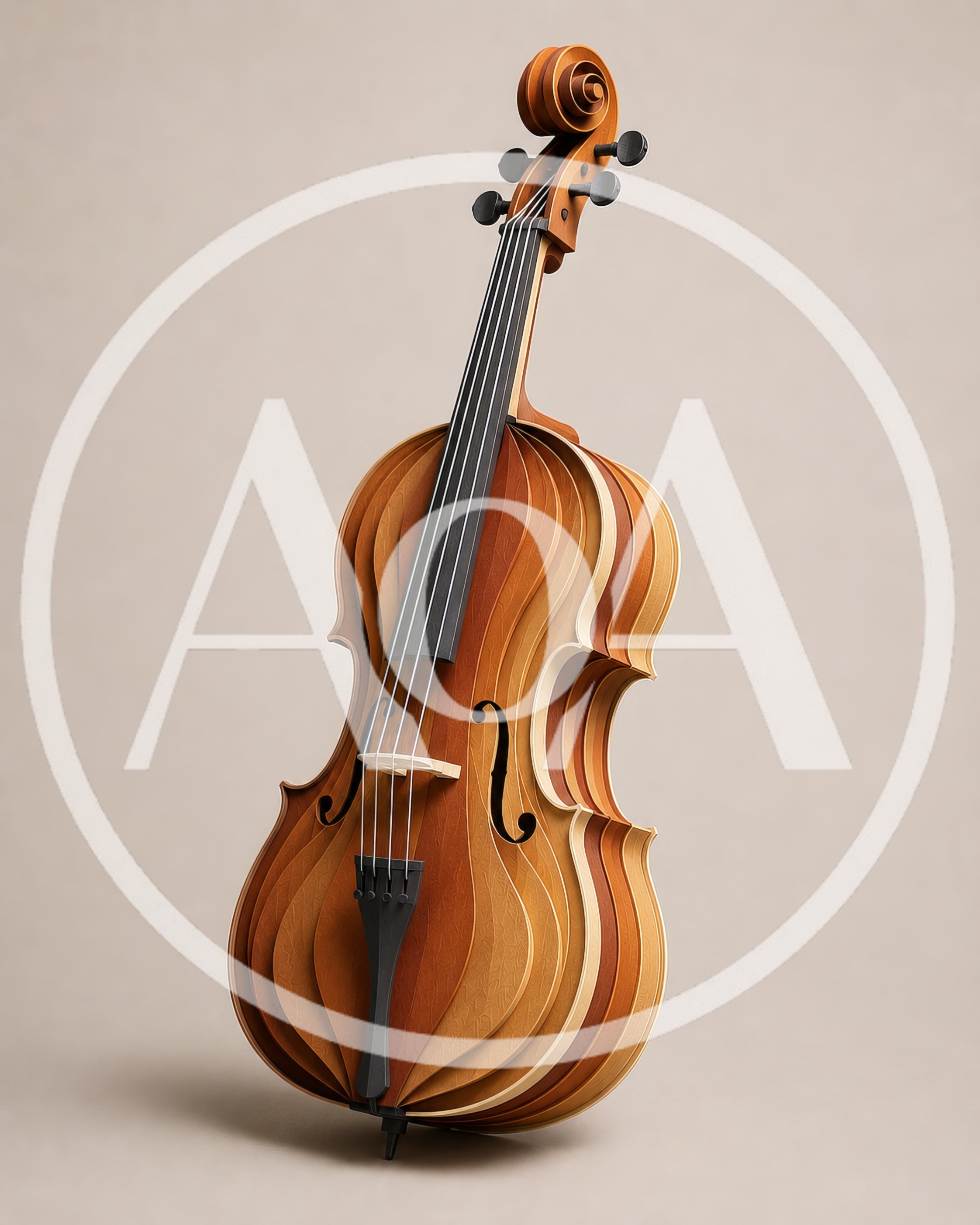 Layered Wooden Violin Sculpture on Neutral Background