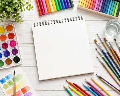 Art Supplies and Blank Sketchbook on White Wooden Table