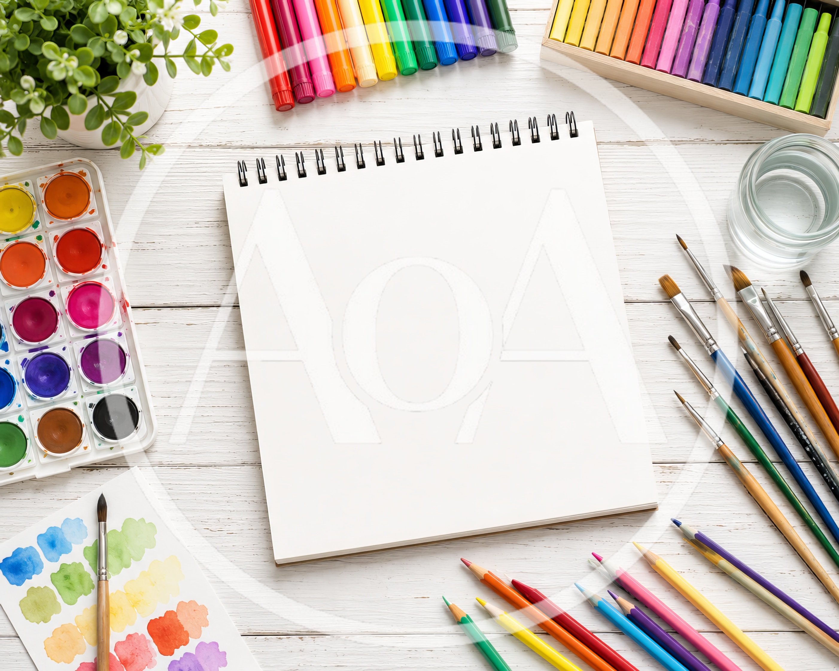 Art Supplies and Blank Sketchbook on White Wooden Table