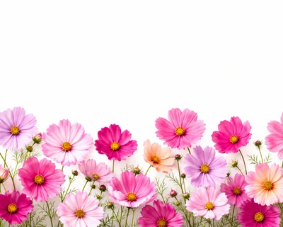 Beautiful Pink Cosmos Flowers Border on White Background