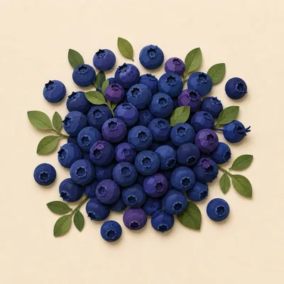 Top View Of Fresh Blueberries With Green Leaves