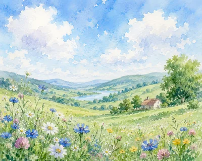 Watercolor Landscape Painting Of A Countryside Meadow