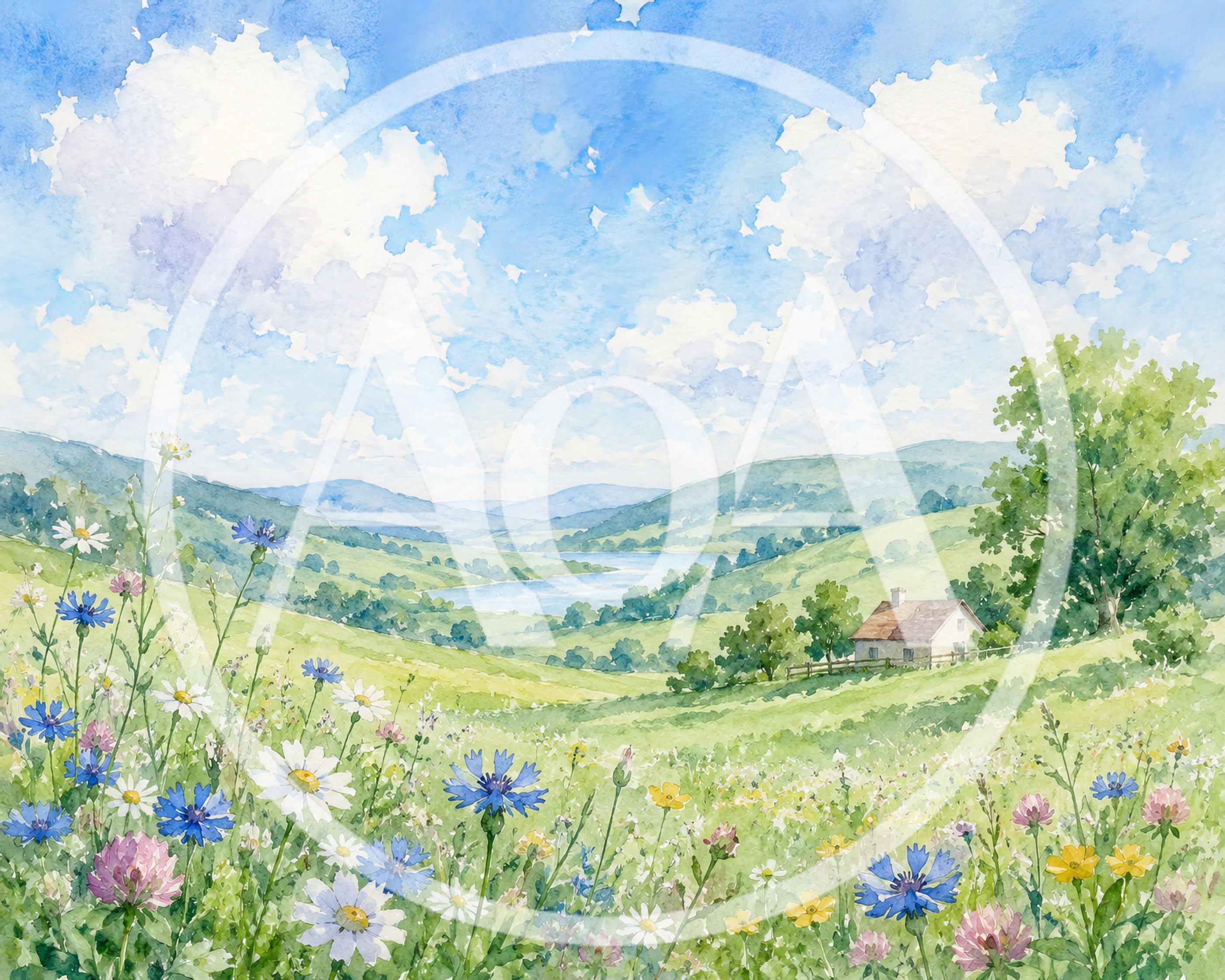 Watercolor Landscape Painting Of A Countryside Meadow
