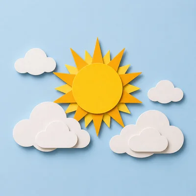 Paper Cutout Sun And Clouds On Blue Background