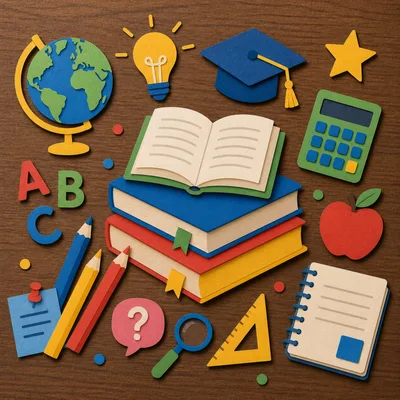 Paper Cutout School Supplies On Wooden Background