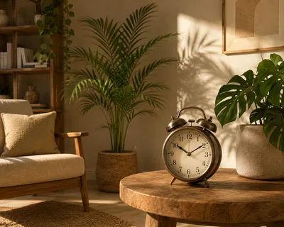 Vintage Alarm Clock On Wooden Table In Sunlit Living Room