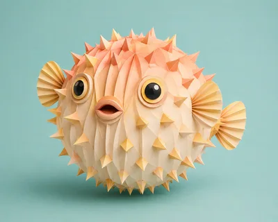 Paper Craft Pufferfish Sculpture On Blue Background