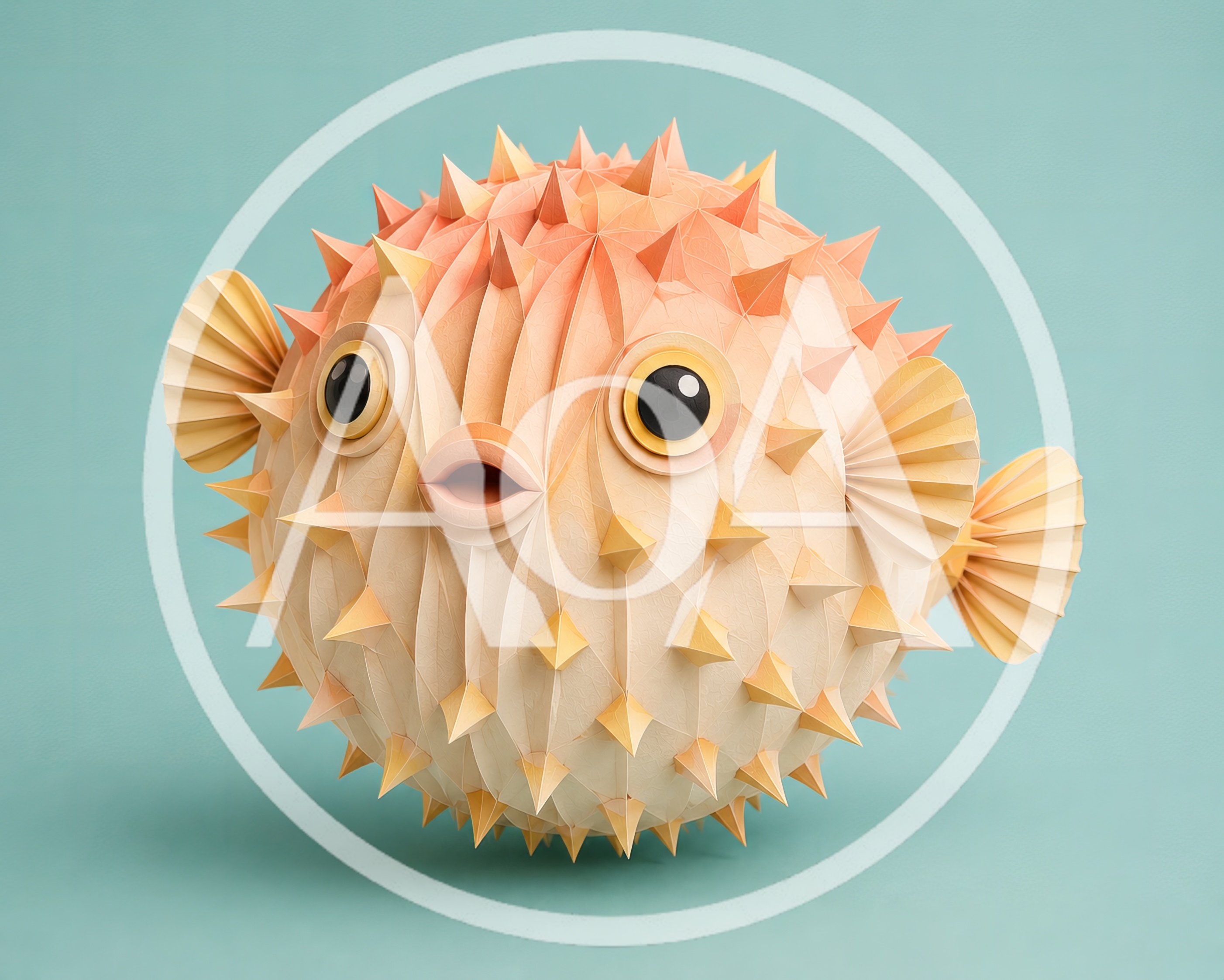 Paper Craft Pufferfish Sculpture On Blue Background