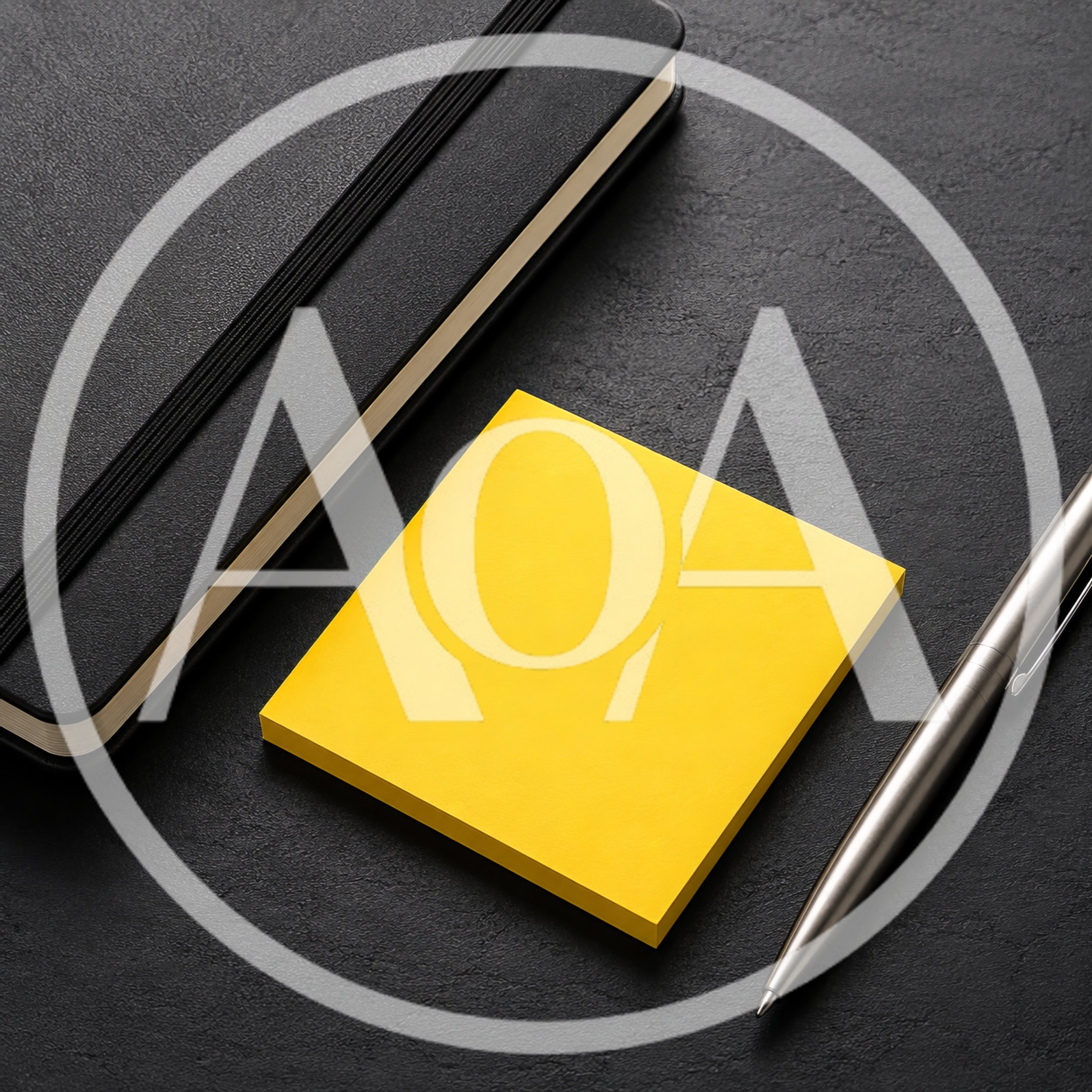 Black Notebook With Yellow Sticky Note And Silver Pen