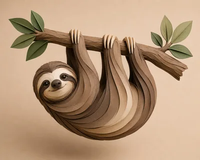 Papercraft Sloth Hanging From A Tree Branch