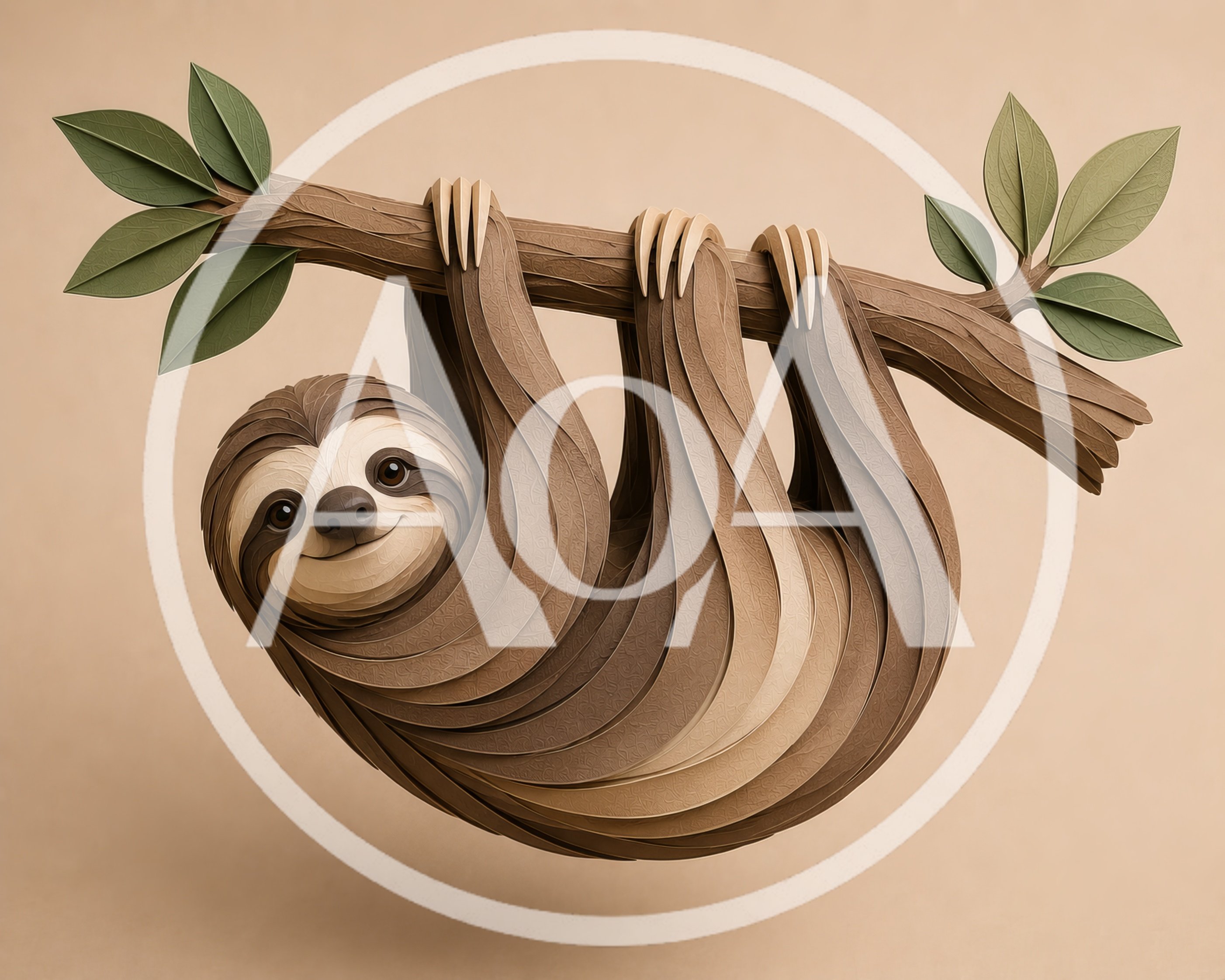 Papercraft Sloth Hanging From A Tree Branch