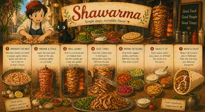 Illustrated Shawarma Recipe Infographic With Anime Style Character