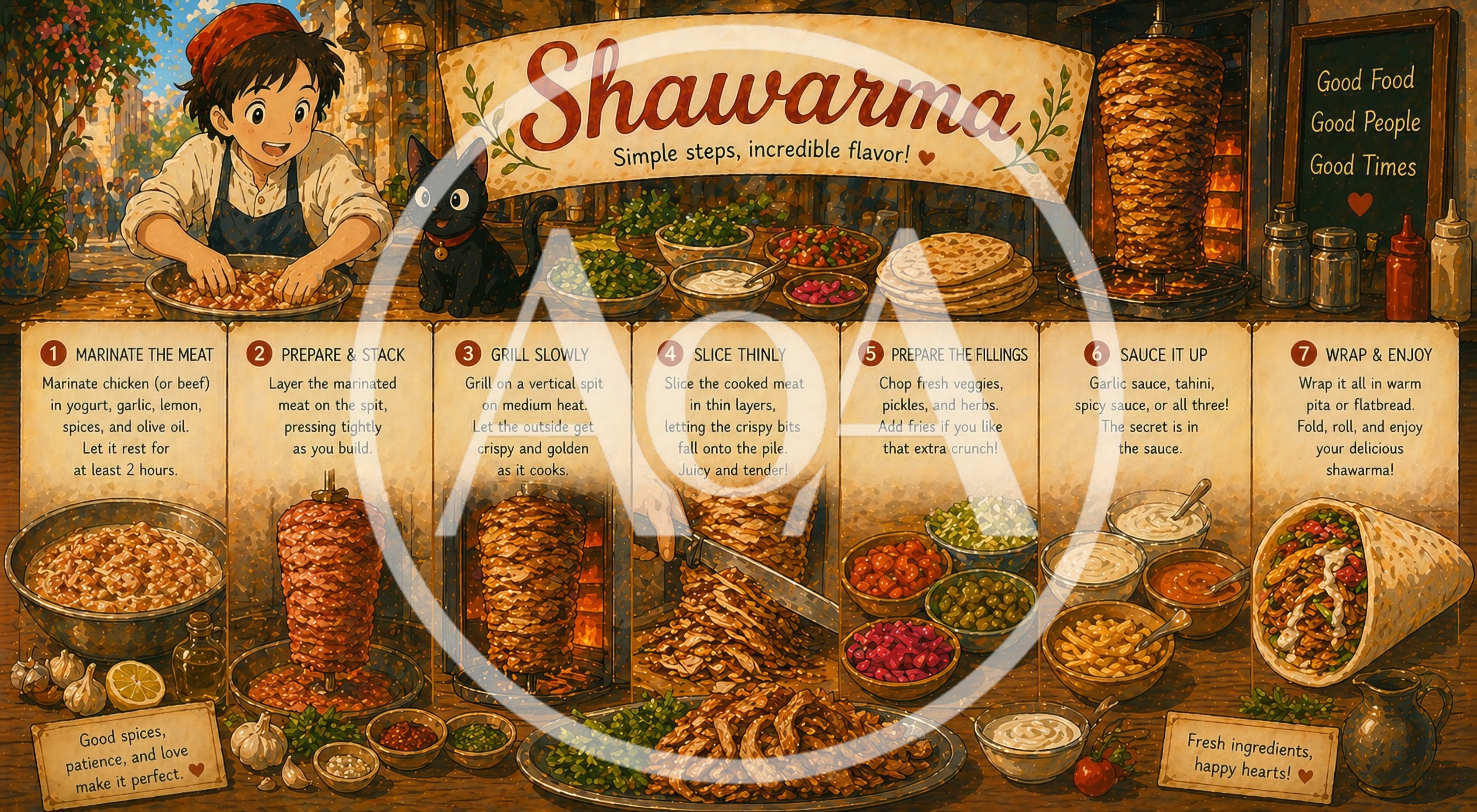 Illustrated Shawarma Recipe Infographic With Anime Style Character